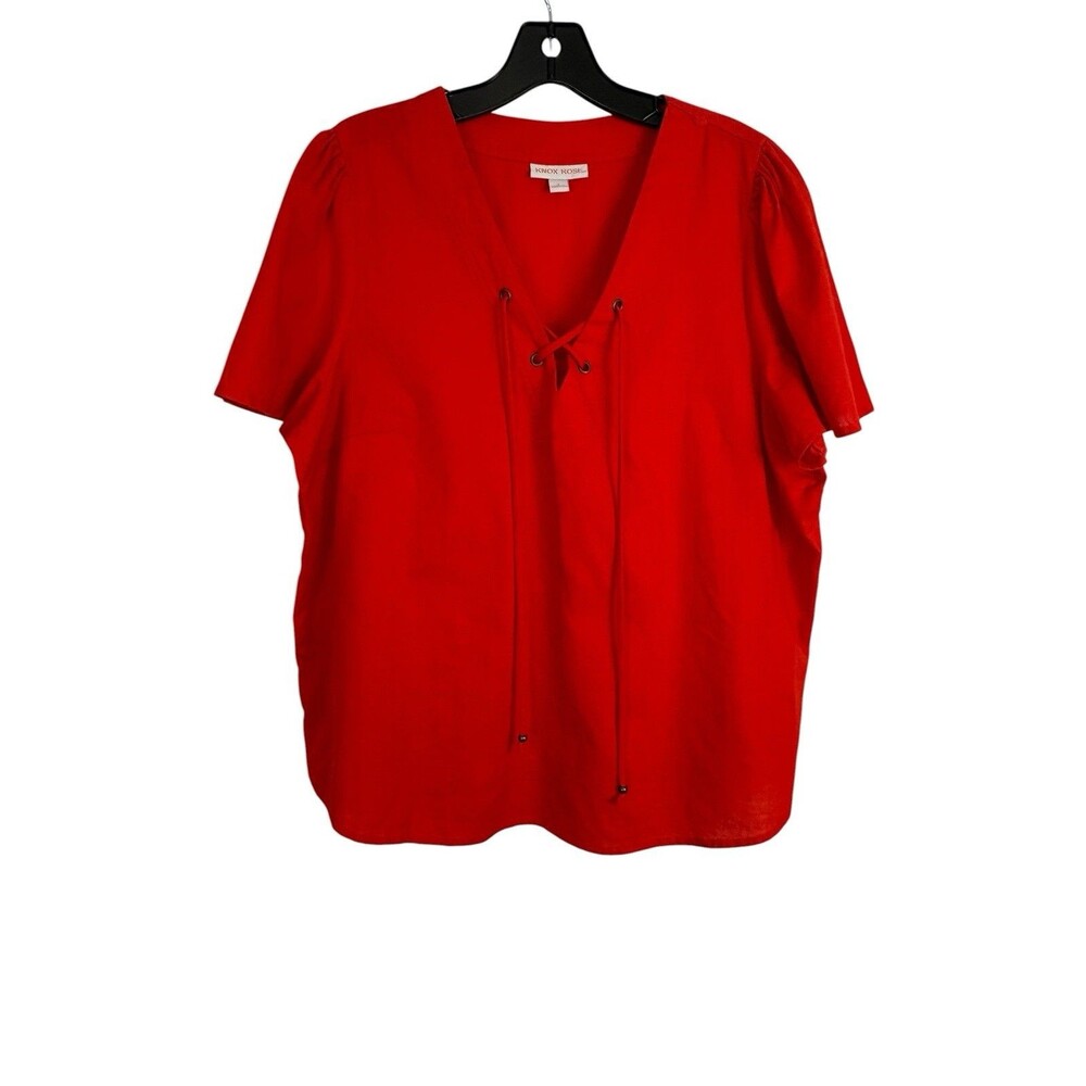 Knox Rose Womens Shirt Adult Size Large Red V Neck Lace Up Front Detail Casual